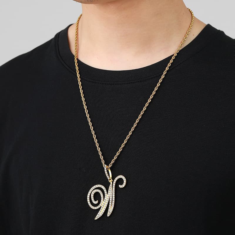 Full diamond hip hop jewelry, cursive letter pendant, melon seed buckle, Cuban chain accessories