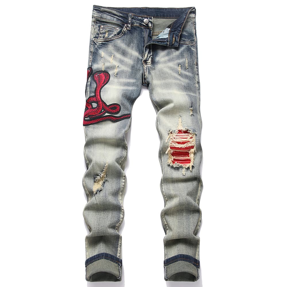 Men's Sanke Embroidery Stretch Denim Jeans Streetwear Red Leather Patch Slim Tapered Pants With Holes And Rips Trousers
