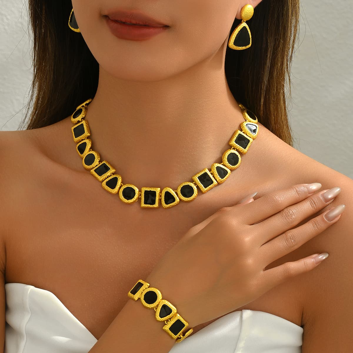 Geometric Jewelry Set - Necklace, Earrings & Bracelet | European & American Style Drop Oil Design | Long Clavicle Chain For Women