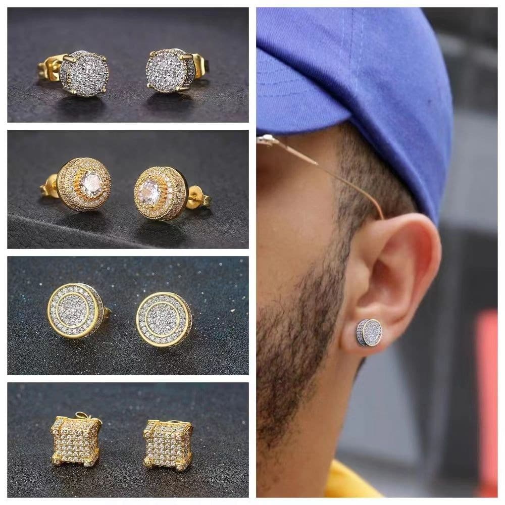 Men's Hip Hop Earrings With Cubic Zirconia – Round & Square Studs For Streetwear Style, Bold & Trendy Jewelry For Men