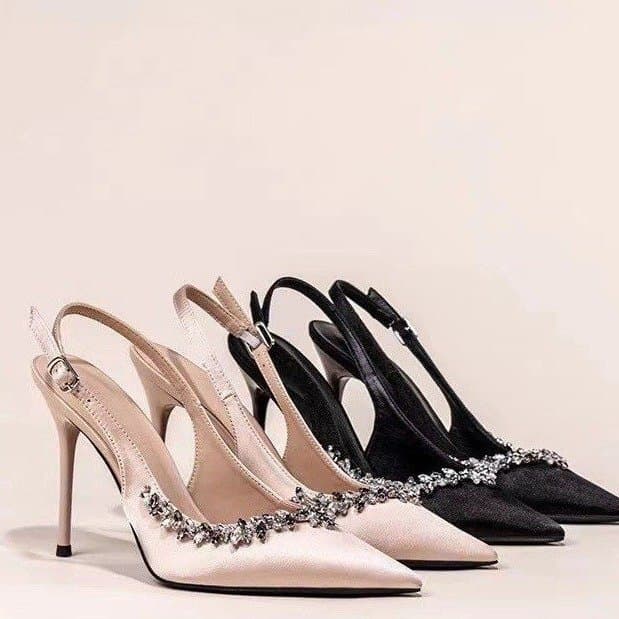 Women's Shoes New rhinestone high heels for women, stiletto pointed toe, elegant French style shoes, one strap closed toe sandals, party shoes