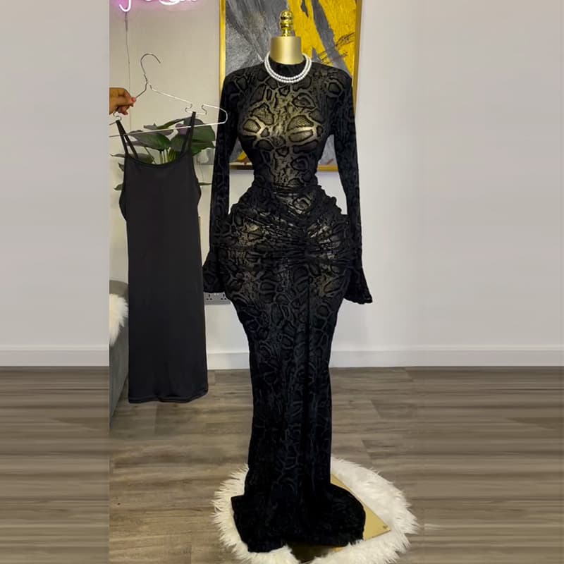 Women's Clothing New Style Elegant Half High Collar Lace Long Sleeves High Waist Hip One Step Skirt Long Skirt