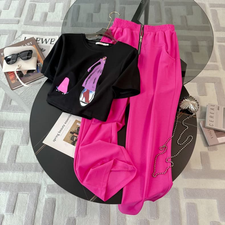 Women's Summer Two-Piece Set - Black Short Sleeve T-Shirt & Pink Wide Leg Pants, Casual Sporty Outfit