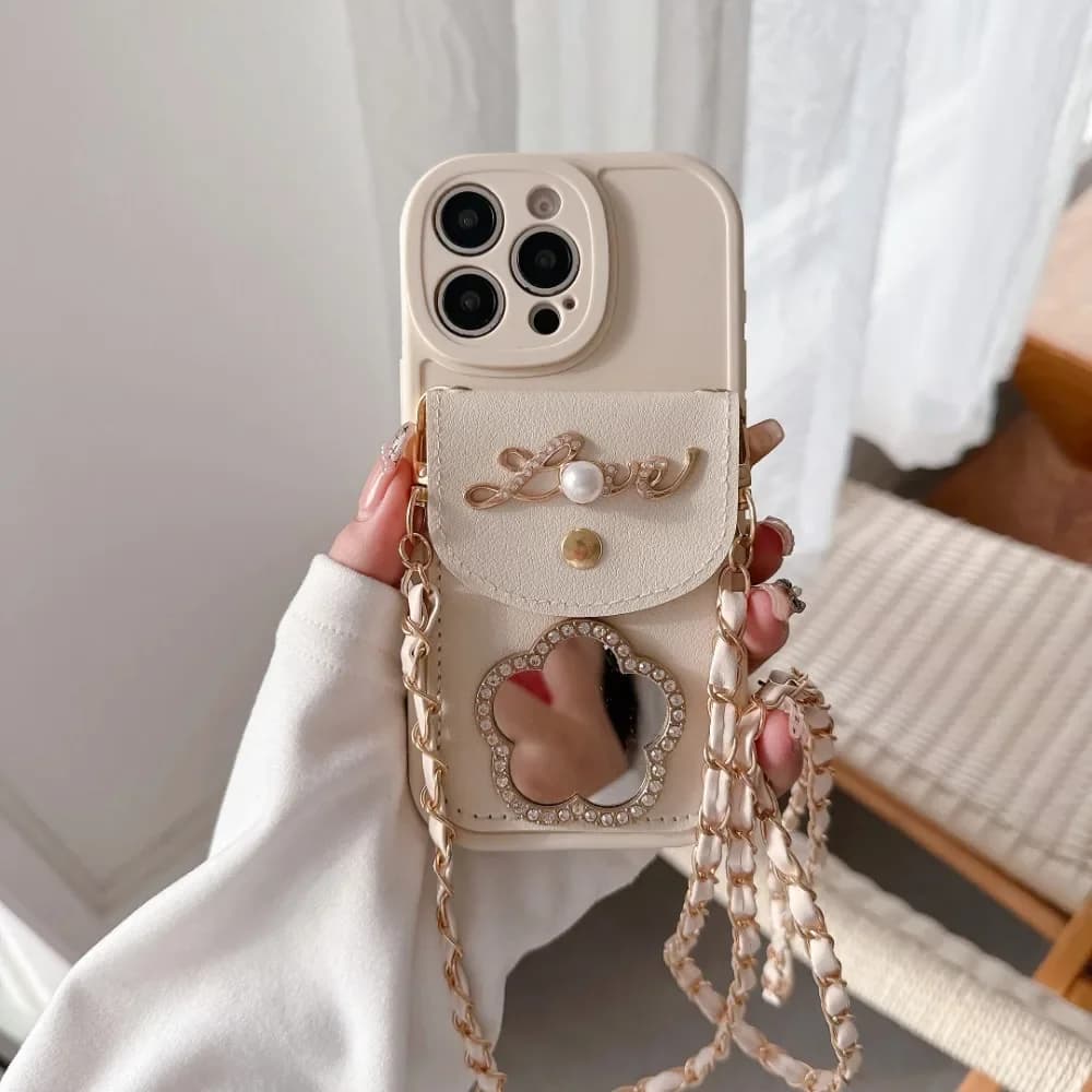 Crossbody Mirror Wallet Card Holder Phone Case For IPhone 16 15 14 13 12 11 Pro Max XS XR 7 8 Plus PU Leather Protective Cover