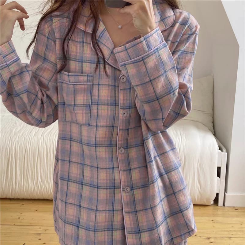 Women's Sleepwears simple plaid long sleeved trousers two piece pajamas autumn girls can go out home clothes set real shot