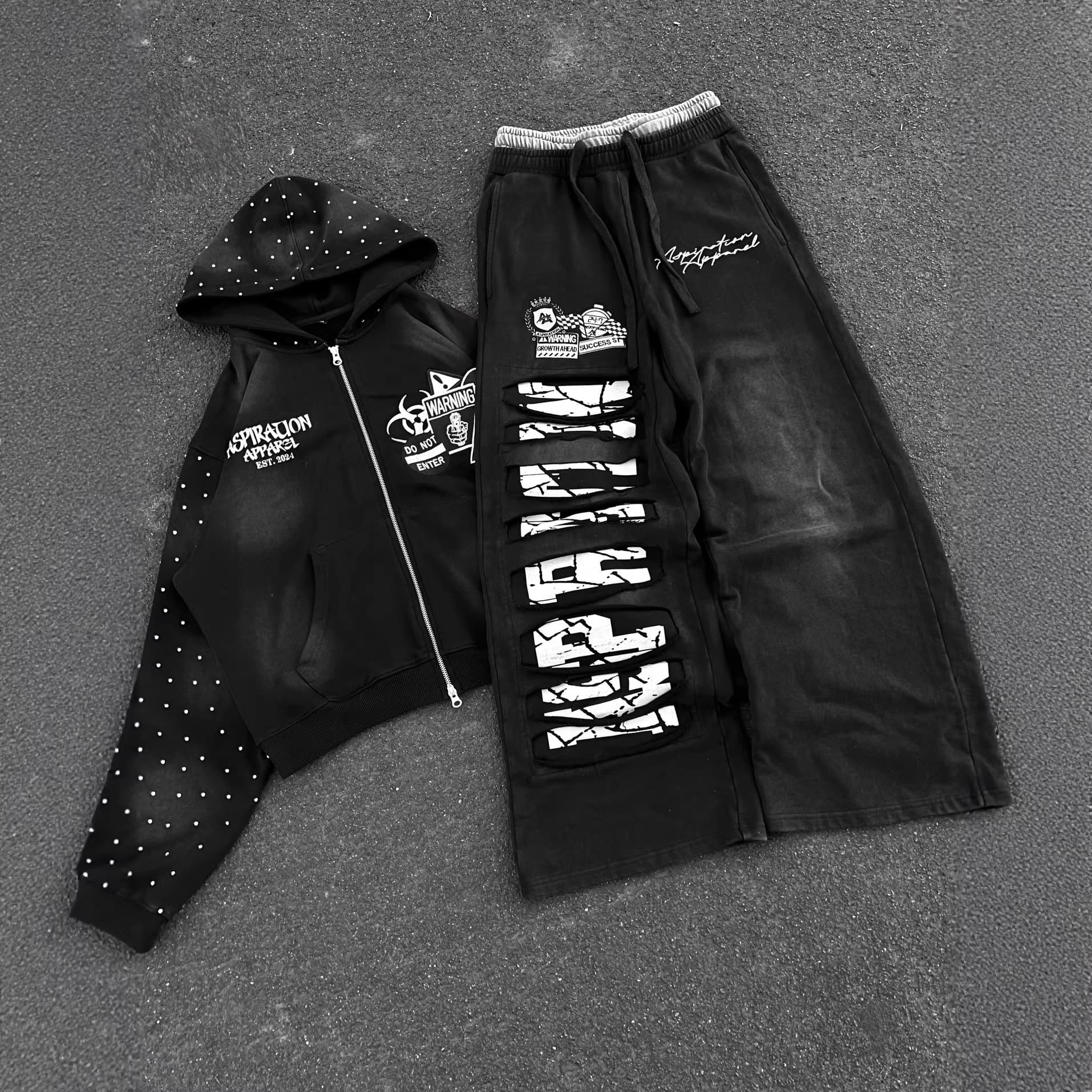 Men's Polka Dot Letter Print Hooded Sweatshirt Set Zip Up Loose Casual Straight Leg Sweatpants