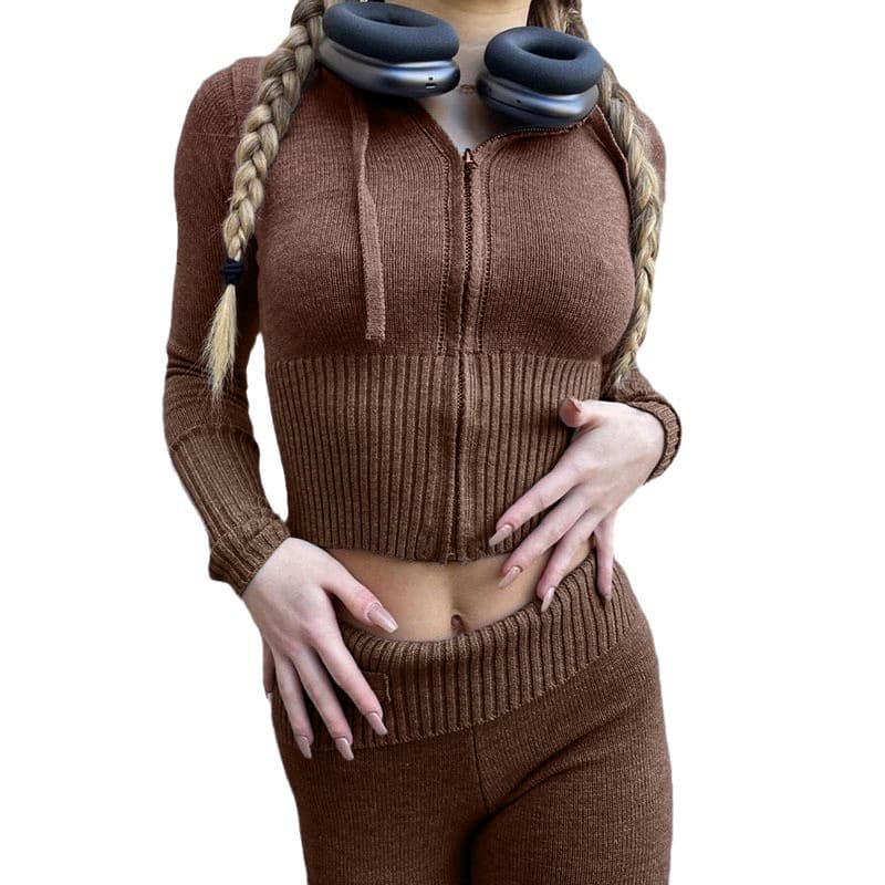 Ensemble deux pièces en tricot à capuche pour femme, nouvelle collection européenne et américaine, à la mode et sexy, taille haute, manches long