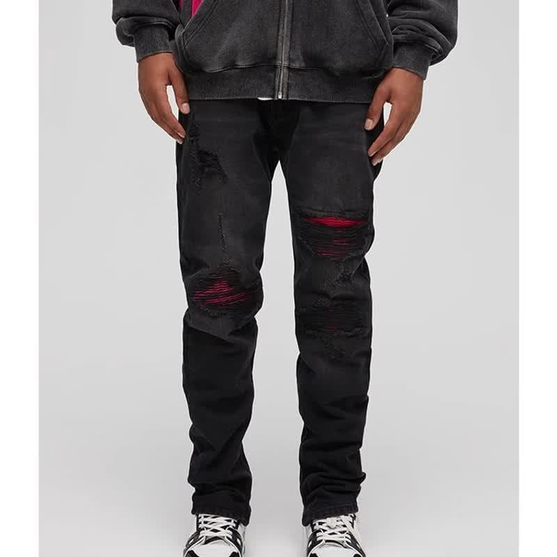 Men's Clothing Autumn/Winter Washed Ripped Jeans Men's Distressed Washed Black Jeans - Slim Fit Straight Leg Denim Pants For Hip-Hop & Streetwear​