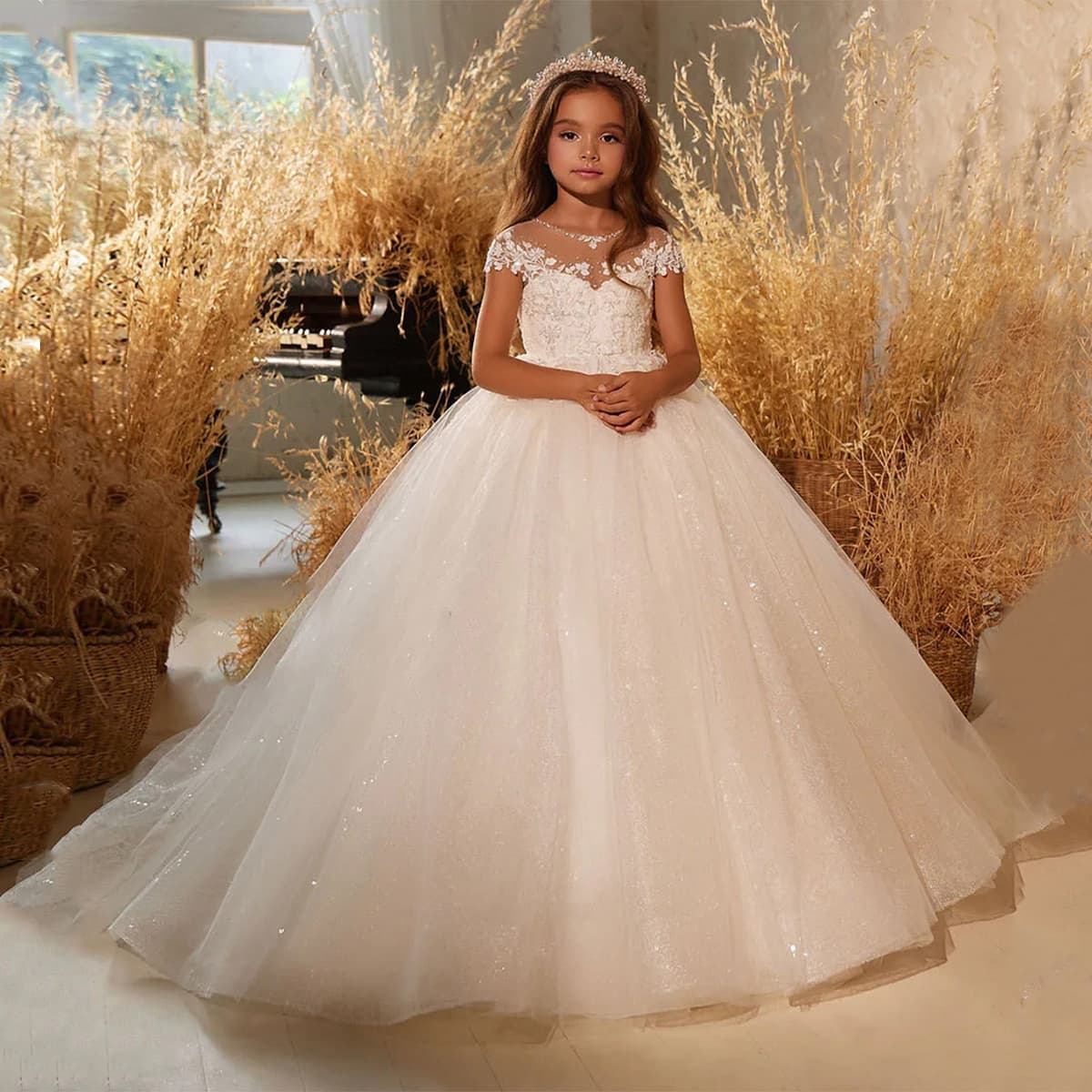 ​​Title:​​ Girls Princess Puffy Sleeve Party Dress Lace Tutu Flower Girl Birthday Performance Costume For Kids (3-8 Years, 100-140cm)