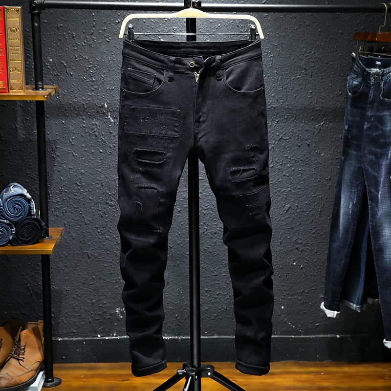 Men's Clothing 2024winter men's ripped jeans slim fit stretch youth fashion small feet mid-waist trousers