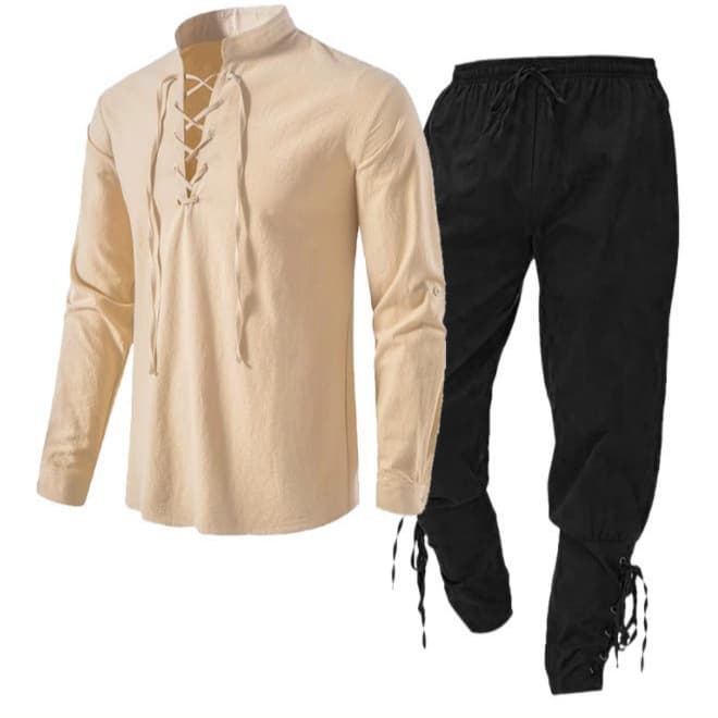 Men's Clothing Long Sleeve New European Size Cotton And Linen Henry Shirt Casual Beach Stand Collar Shirt Solid Color Two Piece Suit Spot Men