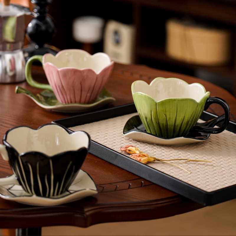 Hand-Painted Tulip Ceramic Coffee Cup & Saucer Set – Elegant Irregular Shape For Café, Office & Home (320ml, Black/Pink/Green)