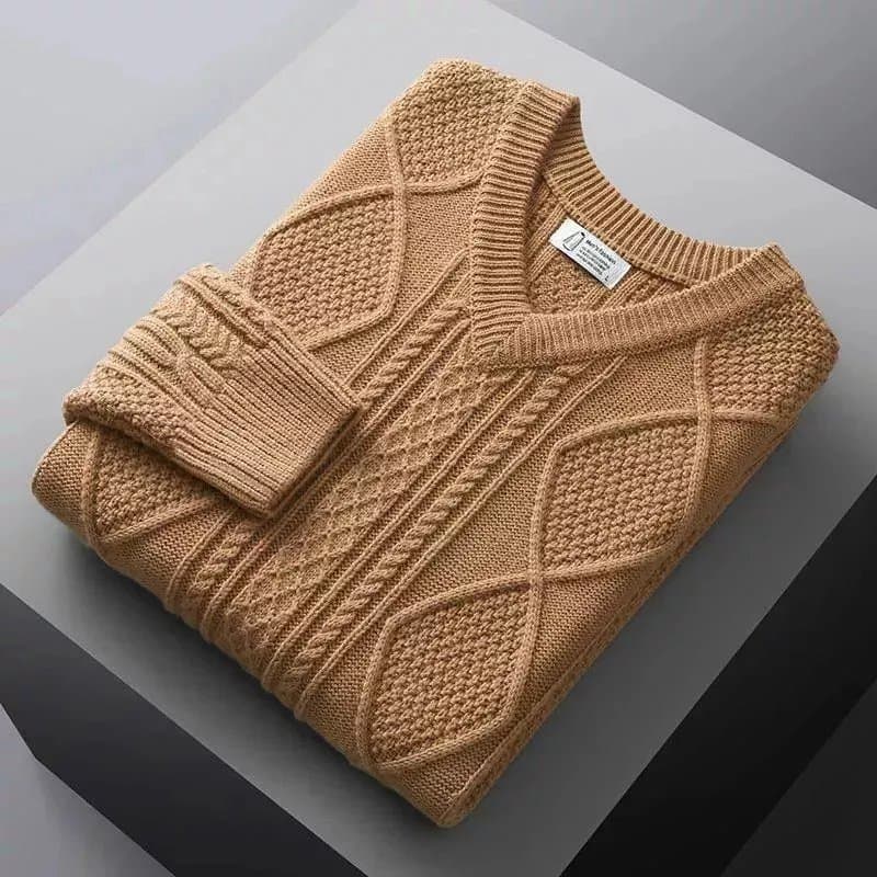 [] Winter Warm Thick Men's Thickened Fried Dough Twists V-Neck Oversized Knitting Sweater