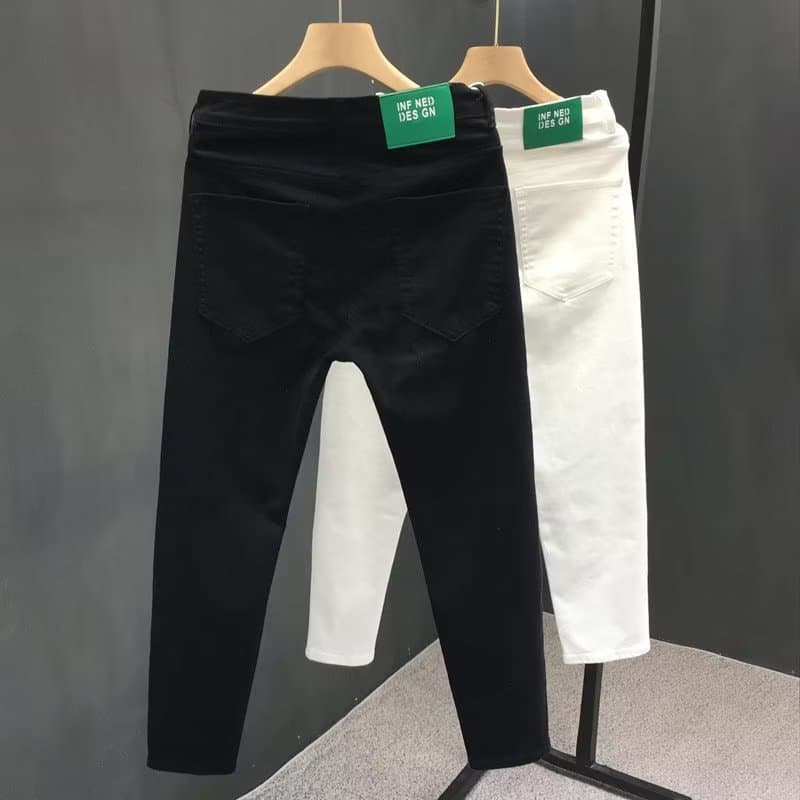 High quality solid color jeans, trendy slim fit small leg cropped pants, men's spirit young man white casual pants