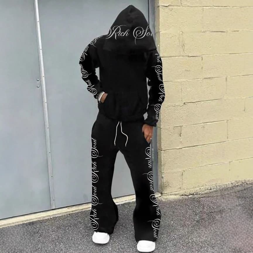 Men's Clothing Sweatshirt And Trousers Cursive Letter Print Men's Trendy Streetwear Hooded Zip-Up Sweatshirt & Pants Set With Graffiti Letter Print