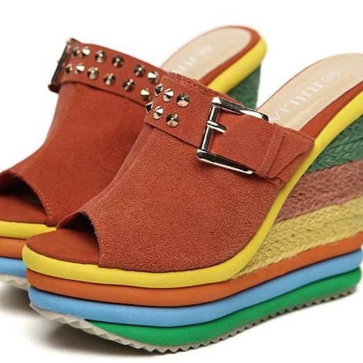 Women’s Shoes New High Heels Platform Shoes Genuine Leather Fish Mouth Slippers Color Matching Rainbow Shoes Waterproof Platform Wedge Sandals