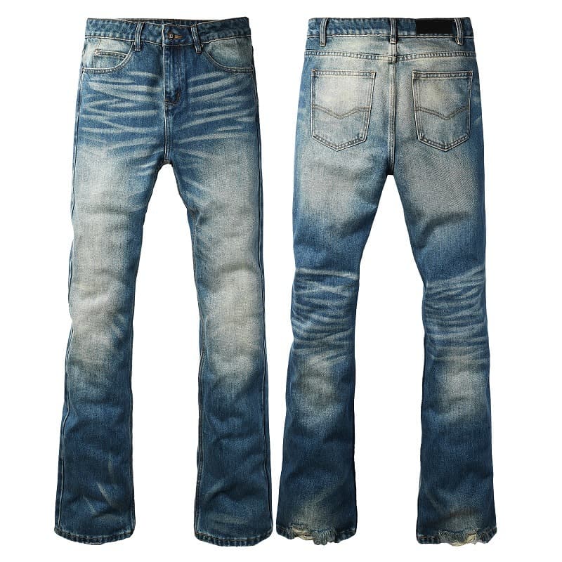 Men's Clothing Vintage Washed Denim Pants With Retro Bell Bottoms, Stretch Comfort & Streetwear Style For Tall Guys (Black/Indigo/Light Blue, XS-4XL)