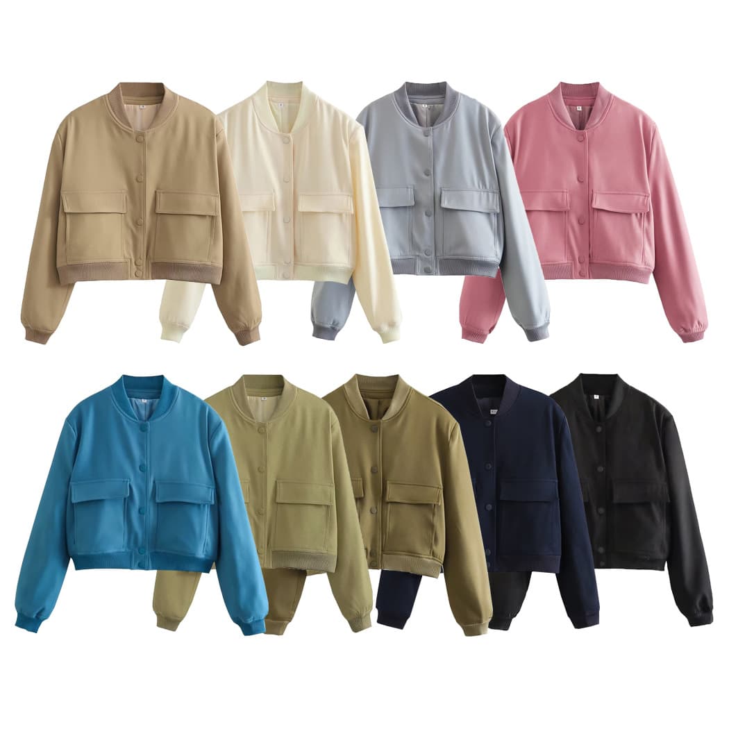 Women's Clothing stand collar double pocket solid color motorcycle pilot jacket coat tops women 8BS9621