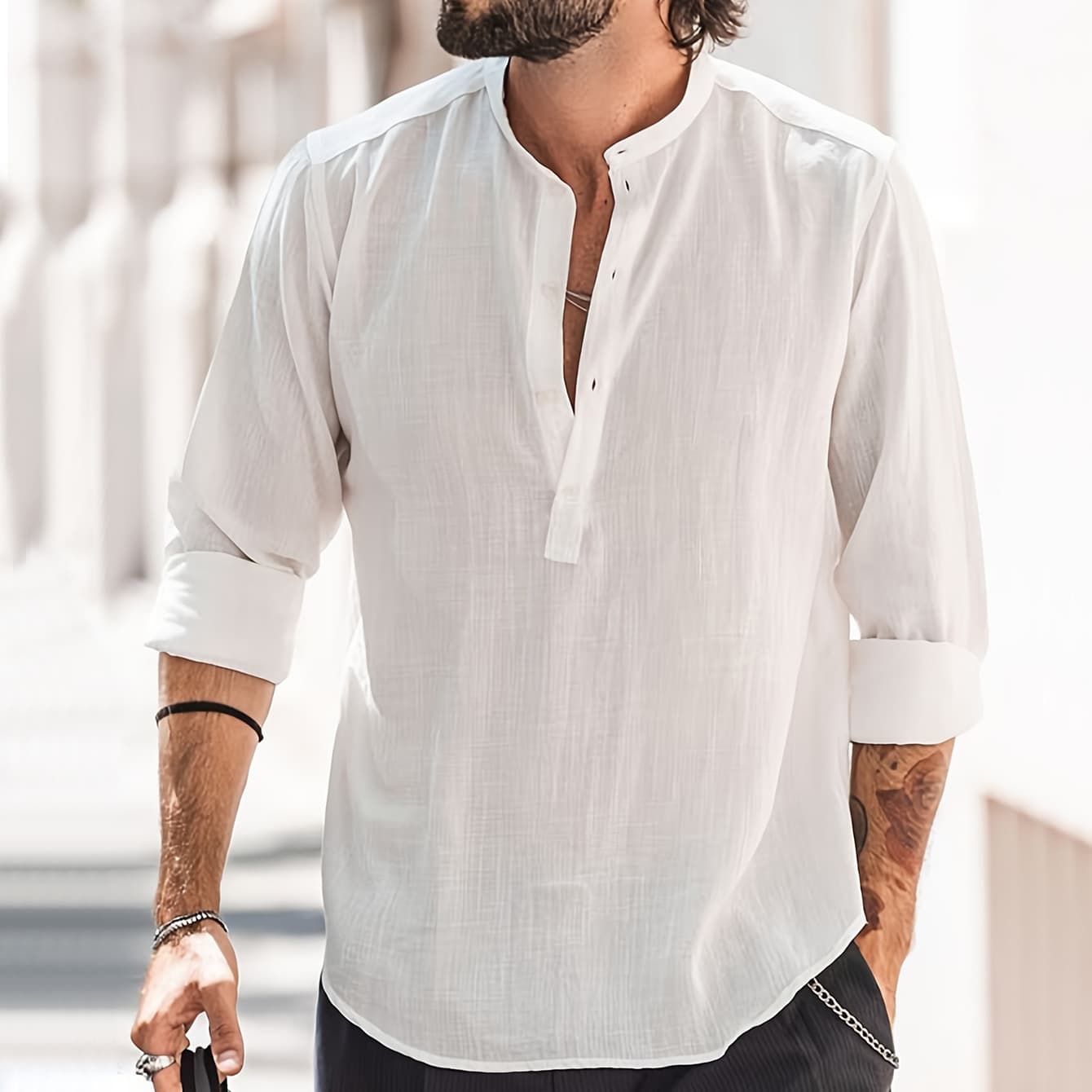 Men's Clothing Shirt Men's Casual Stand Up Collar Solid Color Long Sleeved Shirt Bamboo Cotton And Linen Shirt