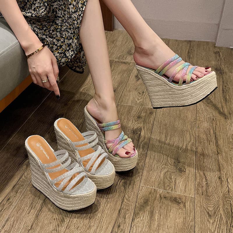 Women’s Shoes Wedge Heels Summer Model Catwalk 16CM Strap Thick Soled Shoes Straw Rope Bottom