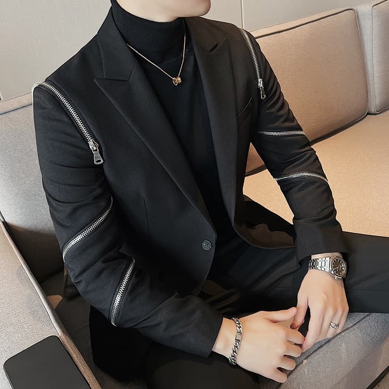 Woven Woven Autumn Winter Men's Chic Jacket Slim Fit Zipper Design Textured Stylish Punk Blazer Single Suit