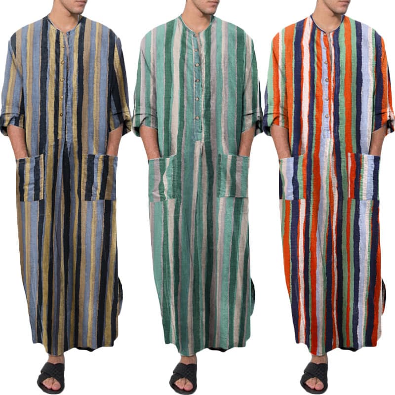 Muslim Robe New Style Arabic Men's Loose Door Stripe Long Sleeve Ready-Stock Ethnic Style Middle Eastern Bodysuit