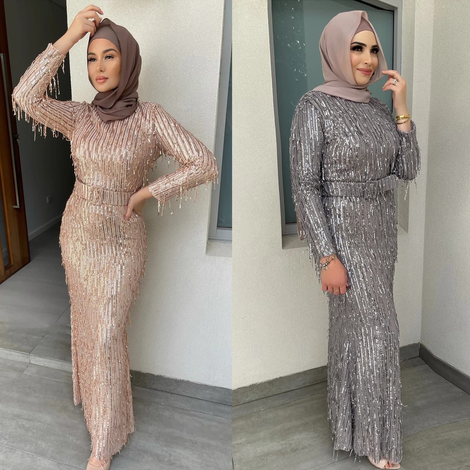 Women's Clothing sexy sequined tassel slim dress dress Muslim clothing