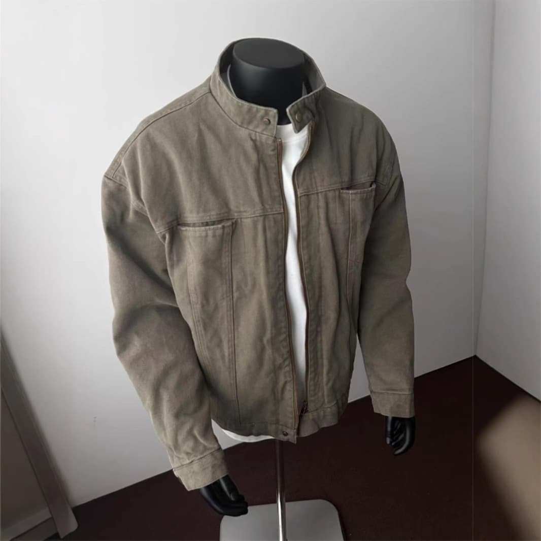 Veste Harrington délavée vintage pour homme - Manteau court d'hiver épais à col montant, vêtement d'extérieur décontracté et élégant