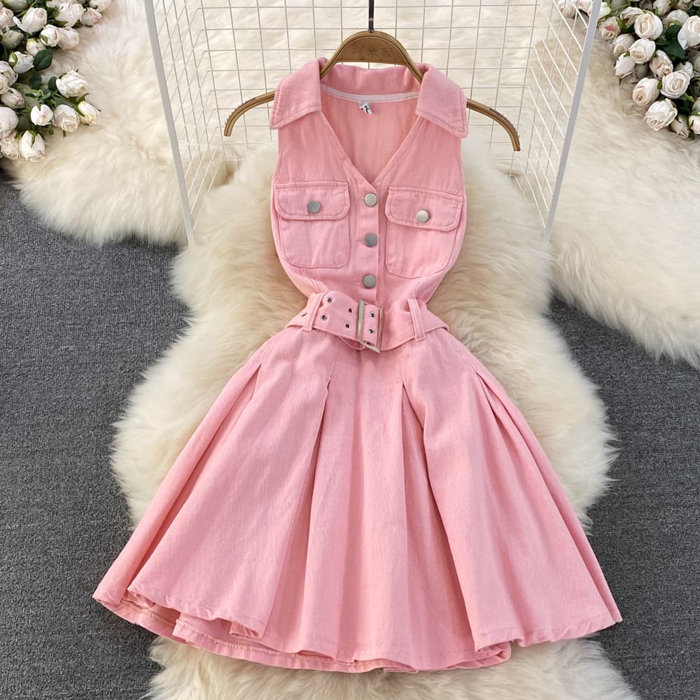 Denim Skirt Design Halter Neck Waist Short Small A Line Puffy Pleated Dress