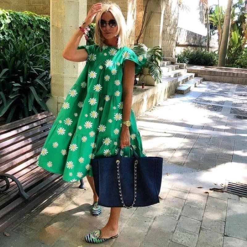Women's Clothing New Style Daisy Flower Print Short Sleeve Swing Dress