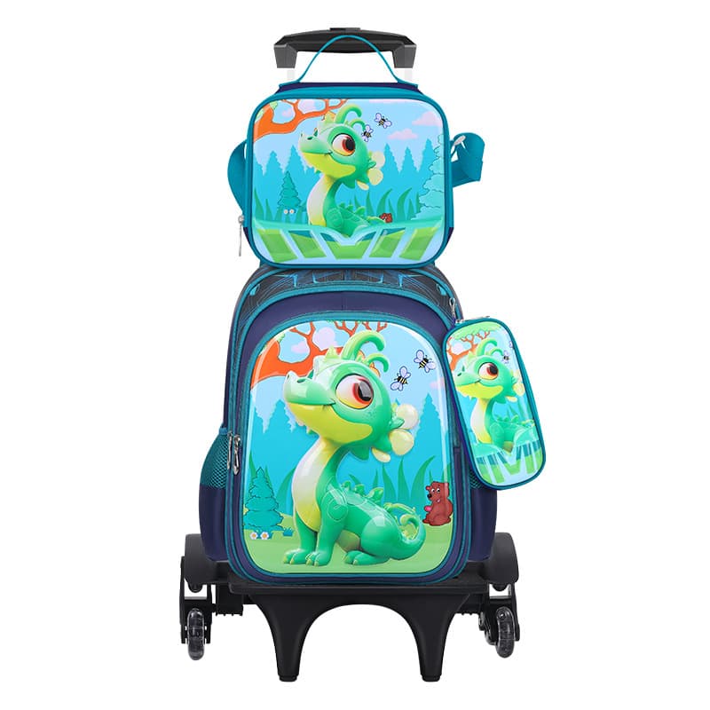 Ensemble sac à dos d'école en cuir 3D pour enfants, sac à roulettes, sac à déjeuner, trousse à crayons, dimensions