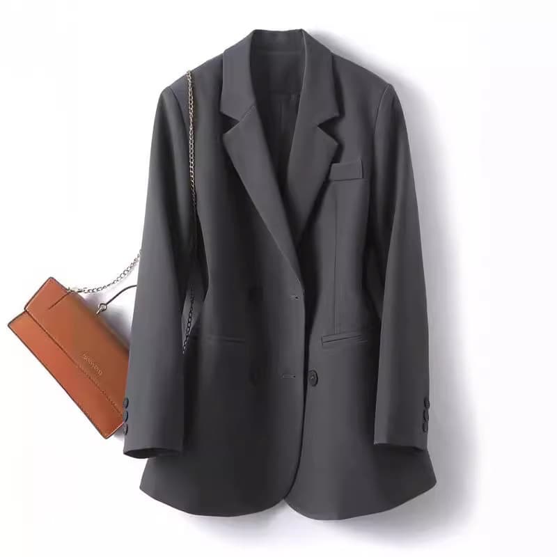 Raspberry-Toned Korean-Style Blazer For Women - Oversized Relaxed Fit Work-to-Weekend Jacket, Double-Breasted Polyester Blend