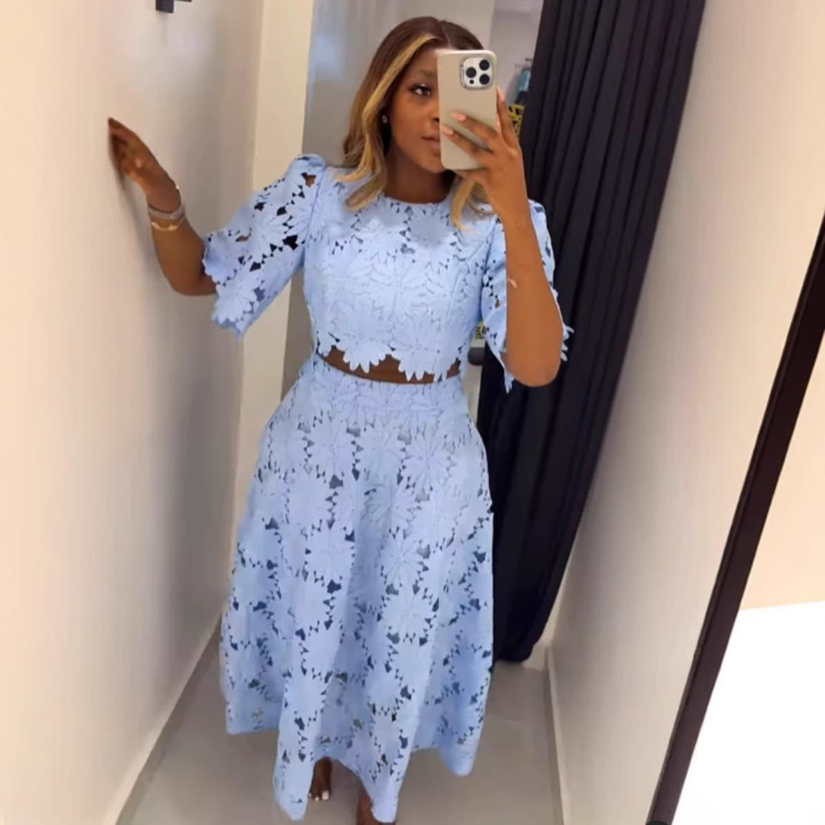 Inspired Lace Hollow Out Blouse & Skirt Set – Elegant Women's Two-Piece Outfit | Breathable Polyester | Summer Casual & Street Chic | S-3XL