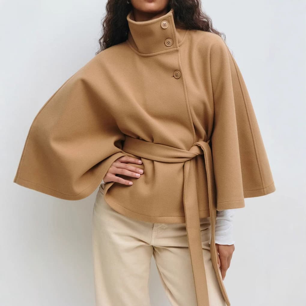 ​​Elegant Women’s Cape Coat With Stand Collar & Belt – Stylish Polyester Trench For Fall & Winter (Khaki, White, Black, Navy, Brown)​​
