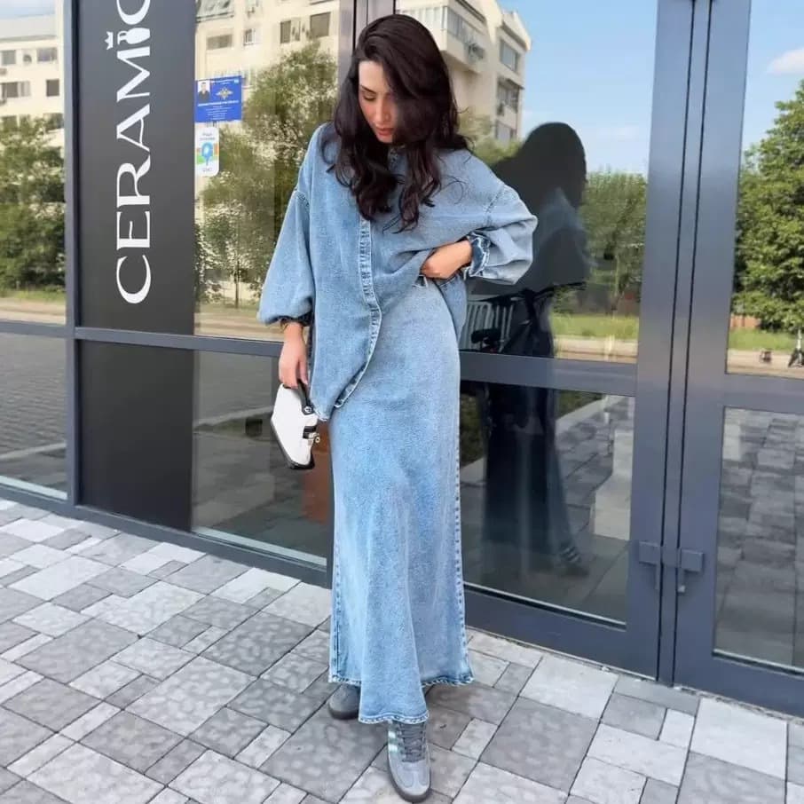 "Office-Ready Denim Shirt & Skirt Set – Professional Stretch Denim Top With Pencil Skirt, Smart Casual Workwear For Women"