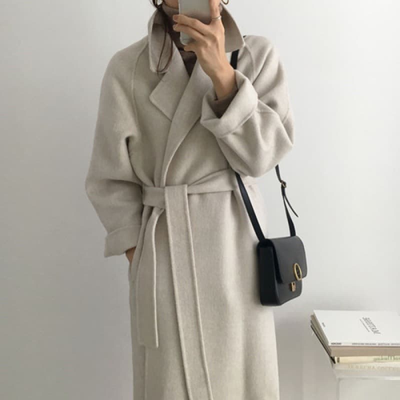 Women's Clothing retro suit collar tie waist loose mid length woolen coat coat