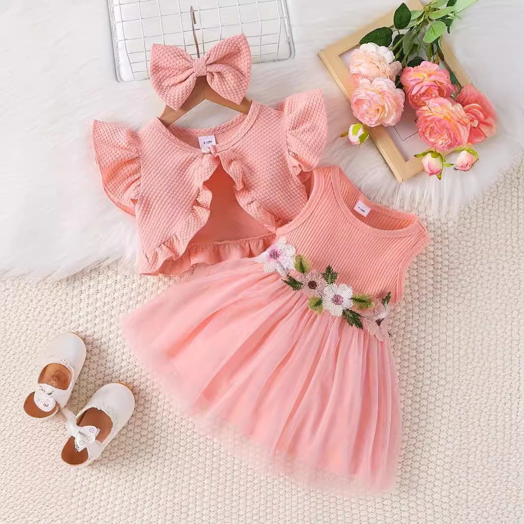 Mother&Kids Baby and toddler sleeveless pit striped floral embroidery mesh skirt dress flying sleeve coat girls' set