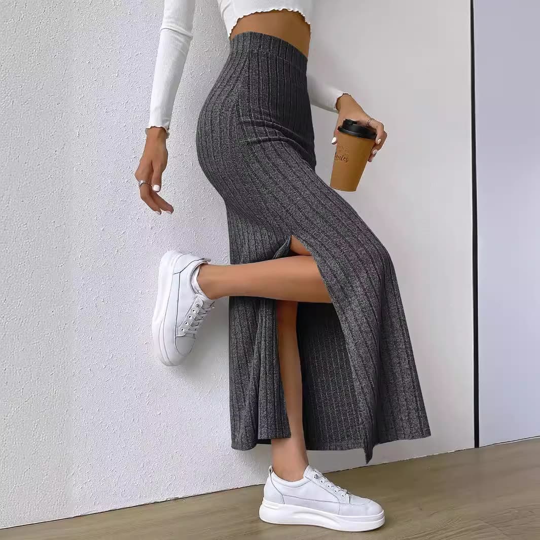 Women's Clothing High Waist Side Slit Slim Fit Knitted Skirt Female Fashion Long Skirt