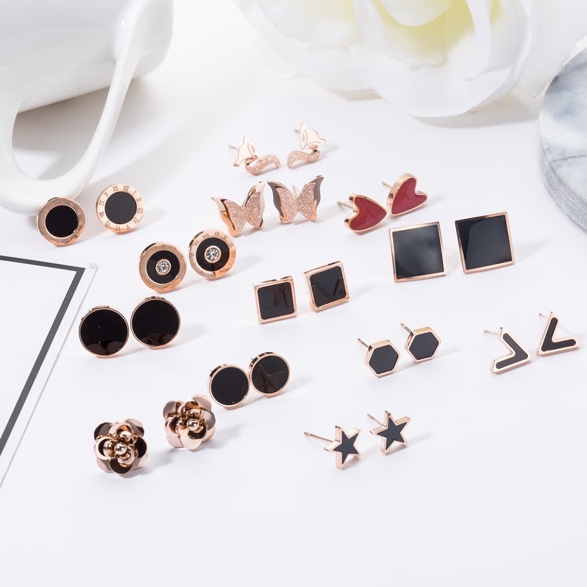 New Creative Titanium Steel Zircon Series Geometric Earrings For Women Non-Fading Rose Gold Small Accessories