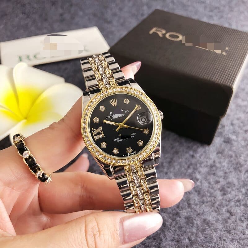 【Avec boîte】Montre femme style coréen business tendance, cadran rond orné de strass, bracelet en acier