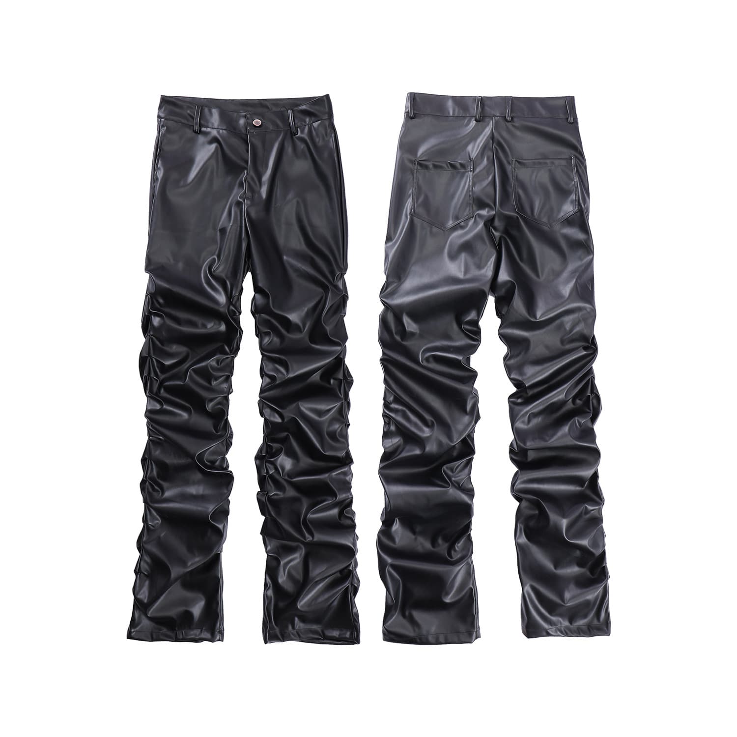 Men's Clothing Street Pleated Stacked Design Pu Leather Pants Men's Hiphop High Street Casual Slim Straight