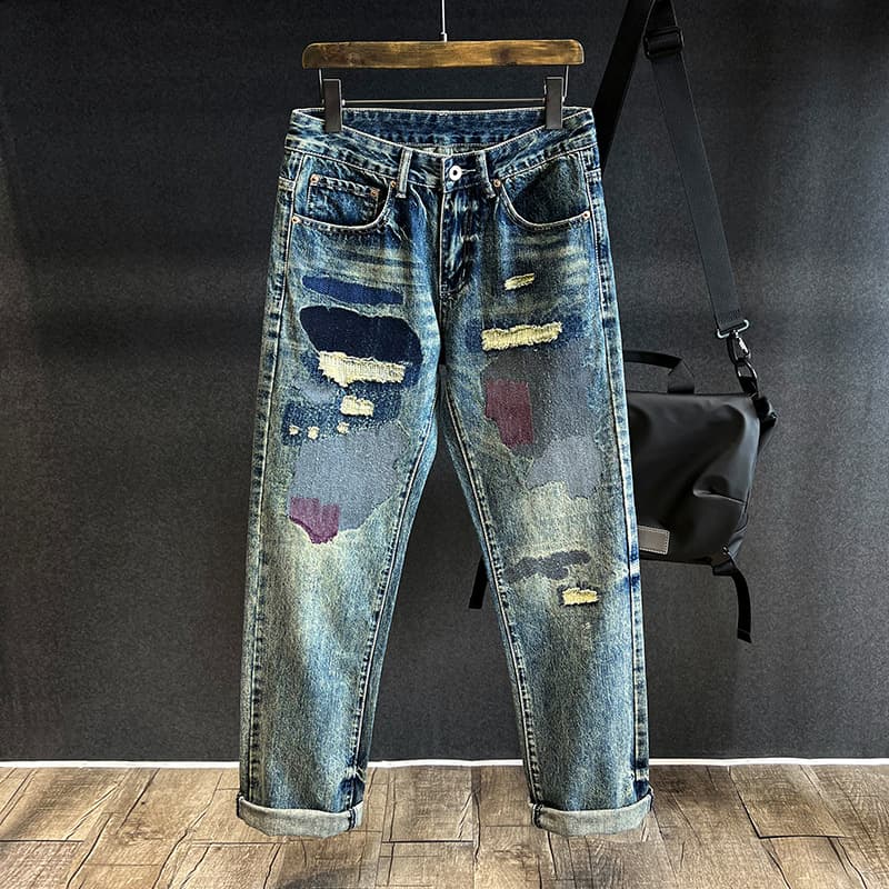 Men’s Distressed Embroidered Straight-Leg Jeans – Relaxed Fit Patchwork Denim Pants With Vintage Wash