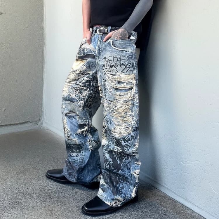 Summer New Illusion Distressed 3D Printed Digital Jeans Loose Trendy Design Versatile Long Pants
