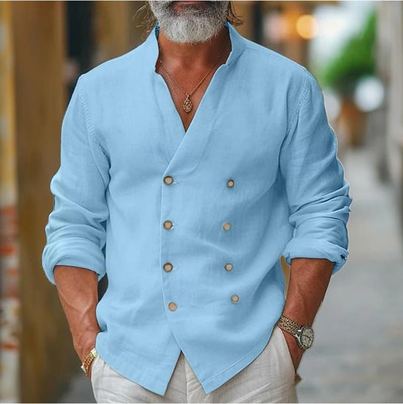 Men's Clothing large size double breasted shirt home leisure fashion stand up collar shirt cotton and linen long sleeved cardigan jacket