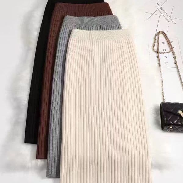 ​​Women's Knitted High Waist Pencil Skirt - Mid-Length Slim Fit Pure Color Elegant Office Wear (Available In Cream, Black, Gray, Coffee)​​