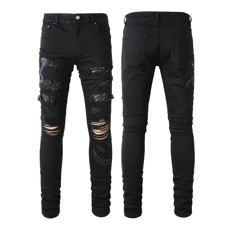 Men's Clothing ripped jeans men's elastic embroidered snake jeans wrinkled snakeskin slim fit ripped men's pants
