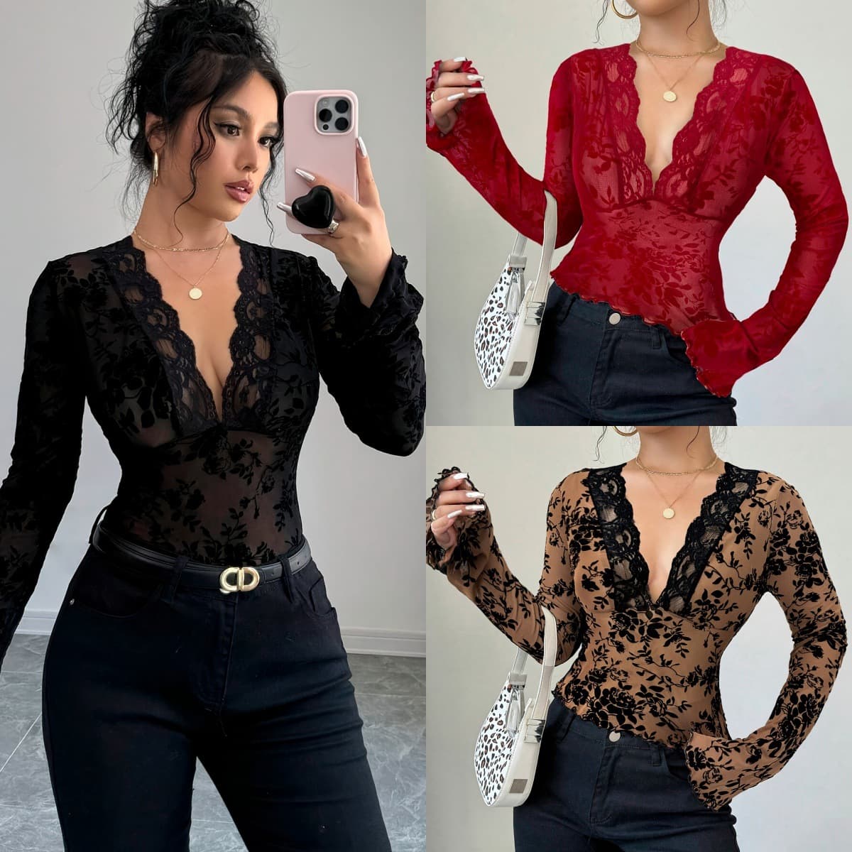 Women’s Clothing Spring New Women's V Neck Lace Mesh Trumpet Sleeve T Shirt Tops For Women