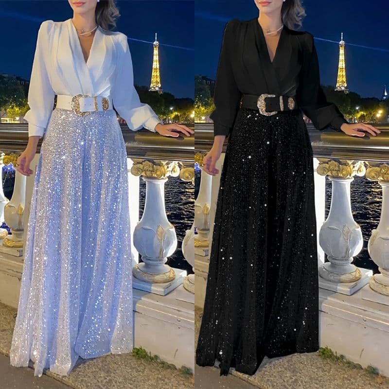 Vêtements pour femmes Chemises à manches longues à col en V à la mode avec taille élégante et pantalons larges à paillettes amincissants sans