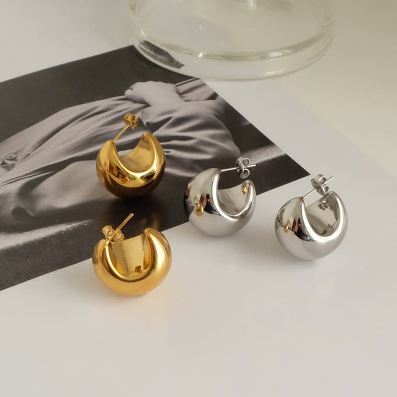 High-End Texture Minimalist Metal Sphere C-Shaped Fashionable Half-Round Earrings Unique Irregular Color-Retaining