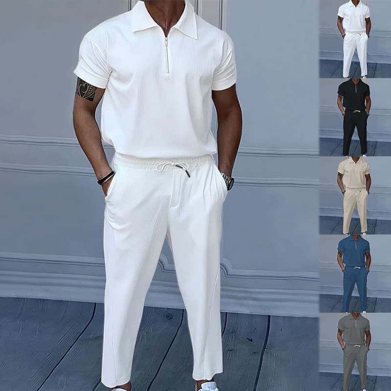 Men's Clothing Large Size Solid Color Suit Lapel Short Sleeve Zipper Trousers Suit